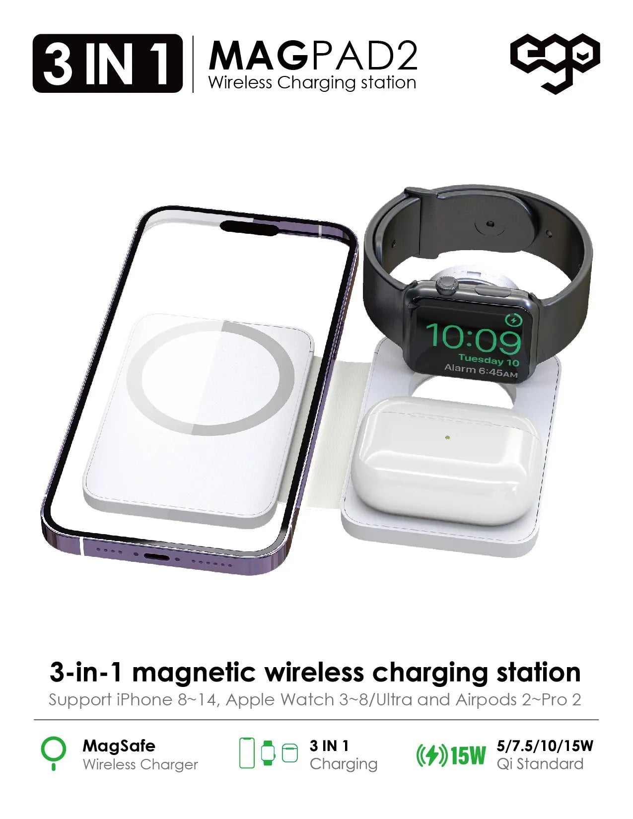 EGO品牌 - 3in1 MAGPAD2 Magsafe 充電器(黑色)