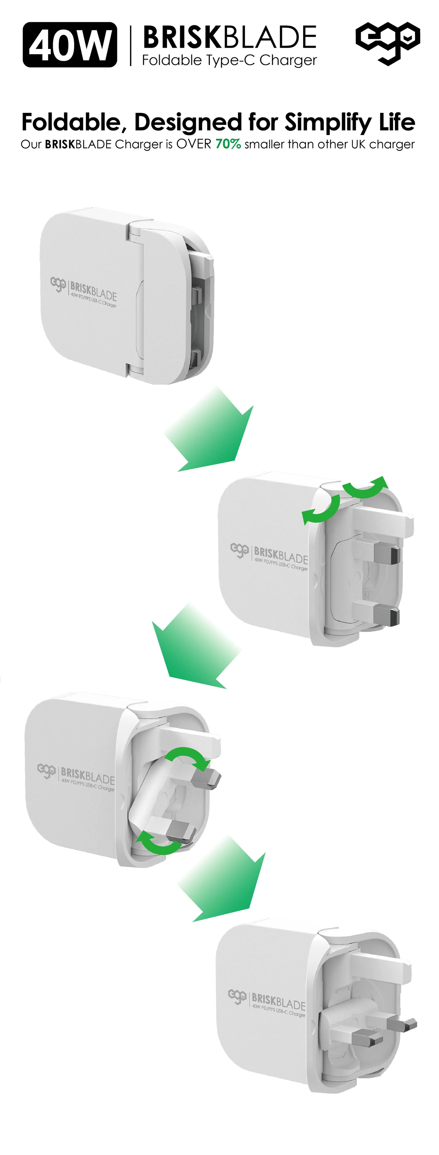EGO品牌 - 40W 刀鋒 Brisk Blade 氮化鎵摺疊充電器(黑色)
