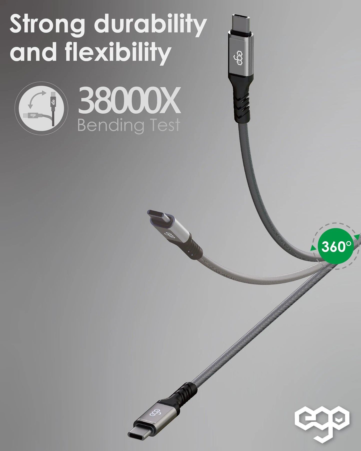 EGO品牌 - USB-C to USB-C 100W 傳輸充電線(20cm & 120cm 灰黑色)