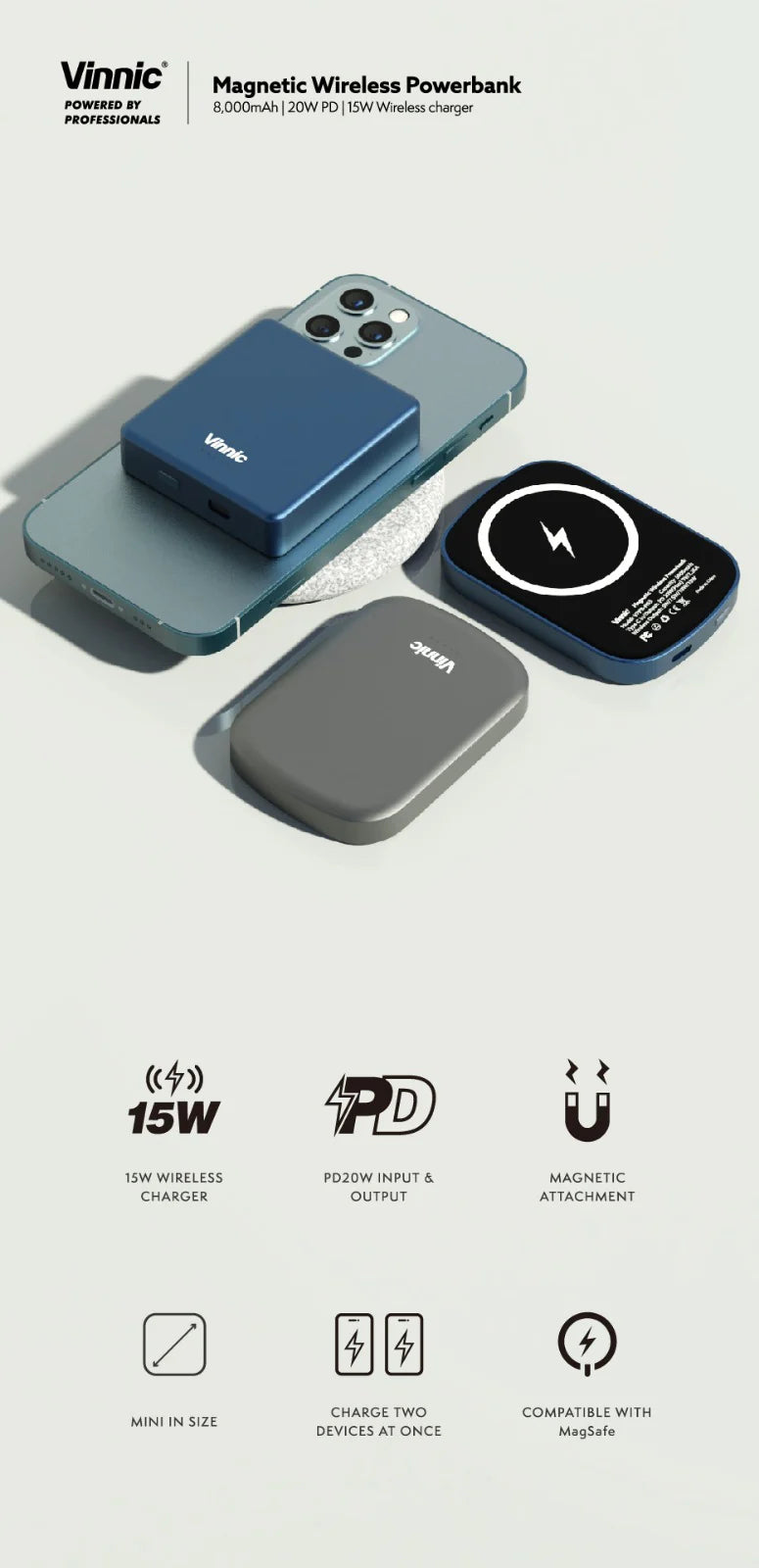 Vinnic品牌 - Magsafe 8,000mAh 15W 磁吸式(黑色)