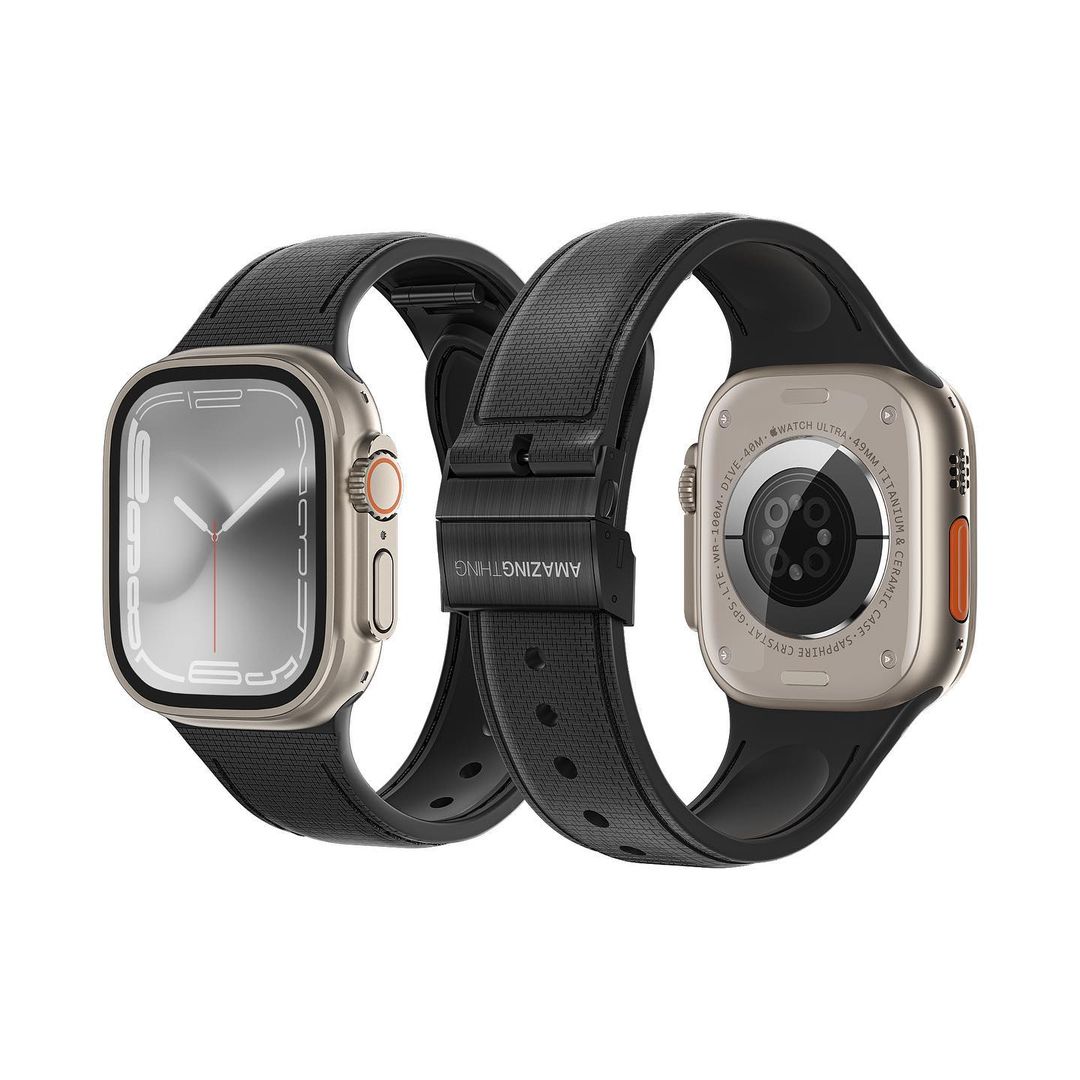 Amazingthing 品牌 - 皮革紋矽膠手錶帶(黑色)|Apple Watch 38 / 40 / 41 / 42 / 44 /45 / 49 mm