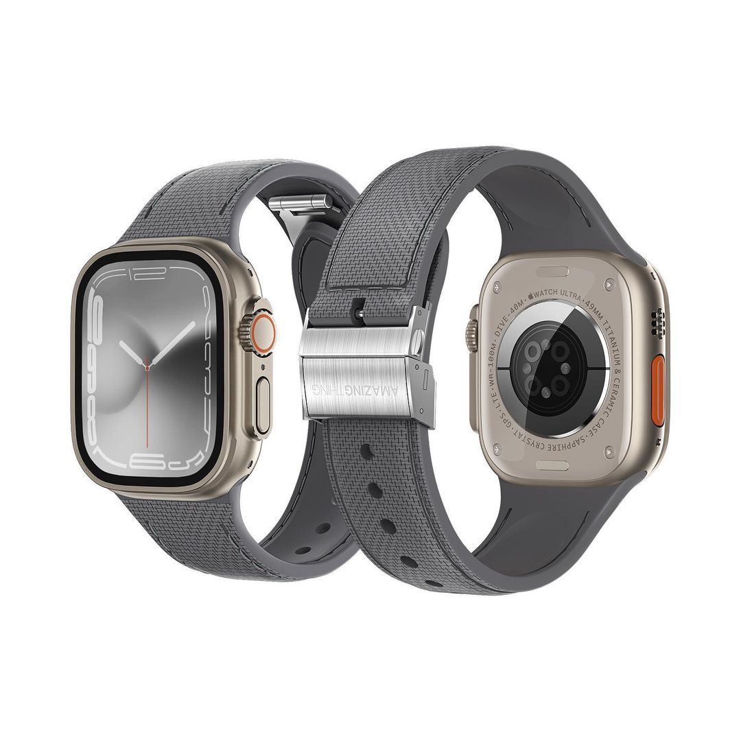Amazingthing 品牌 - 皮革紋矽膠手錶帶(灰色)|Apple Watch 44 / 45 / 46 / 49 mm