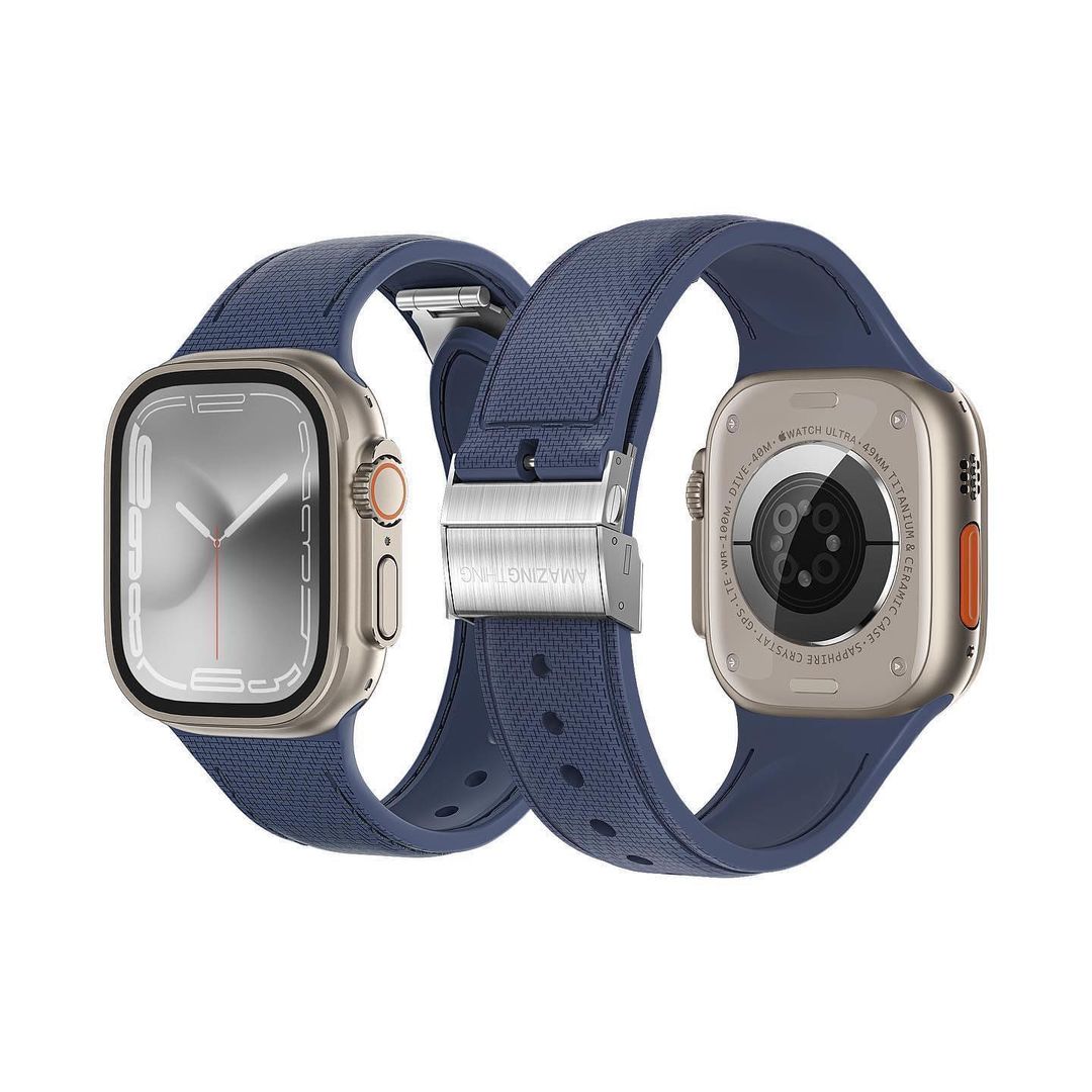 Amazingthing 品牌 - 皮革紋矽膠手錶帶(藍色)|Apple Watch 44 / 45 / 46 / 49 mm