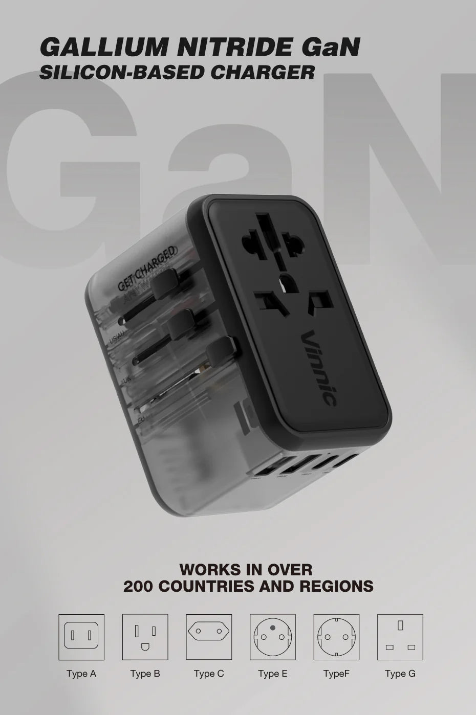 Vinnic品牌 - TABOCHE 65W PD QC GaN 旅行充電器