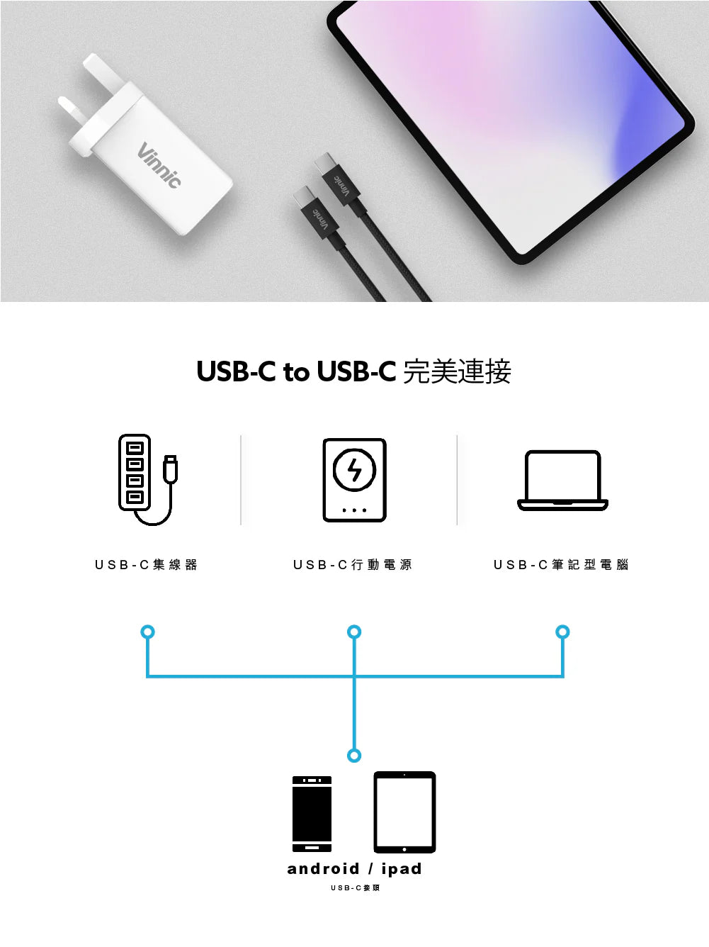 Vinnic品牌 - USB-C to USB-C 60W傳輸充電線 ( 1.2米 , 黑色 )