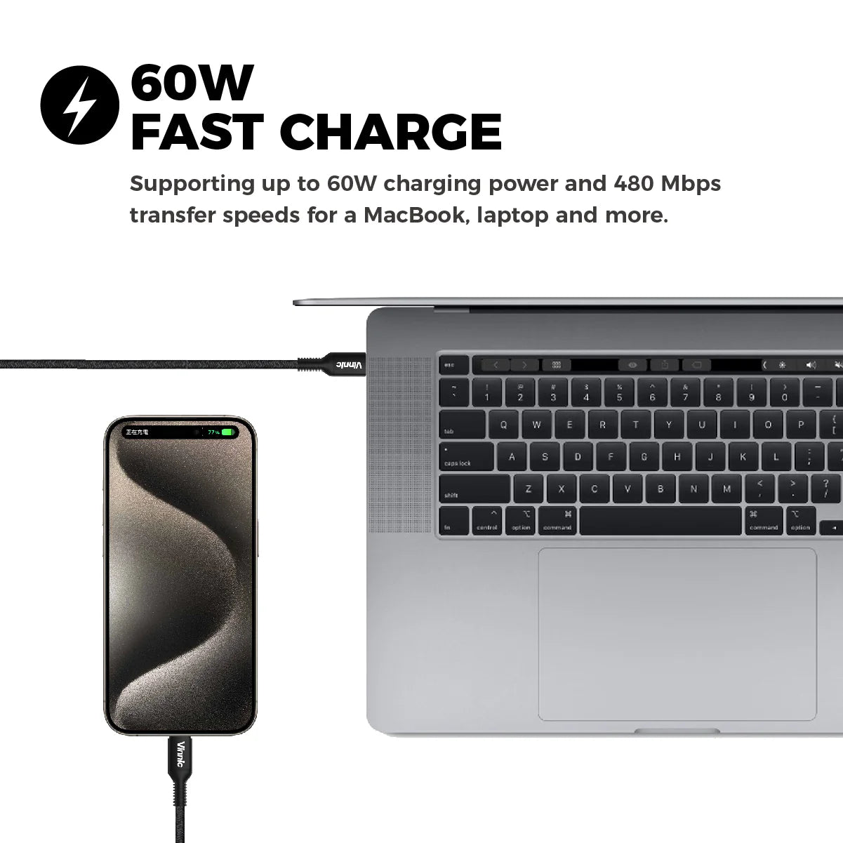 Vinnic品牌 - USB-C to USB-C 60W 傳輸充電線( 3米 & 黑色 ）