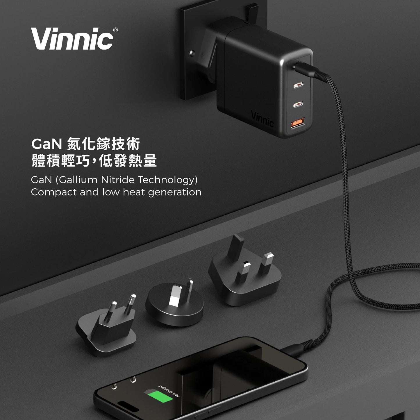Vinnic品牌 -  GaNGAPURNA 100W PD QC GaN 旅行充電器